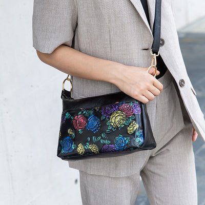 Floral Emblossing Crossbody Bag For Women Classic Leather Purse