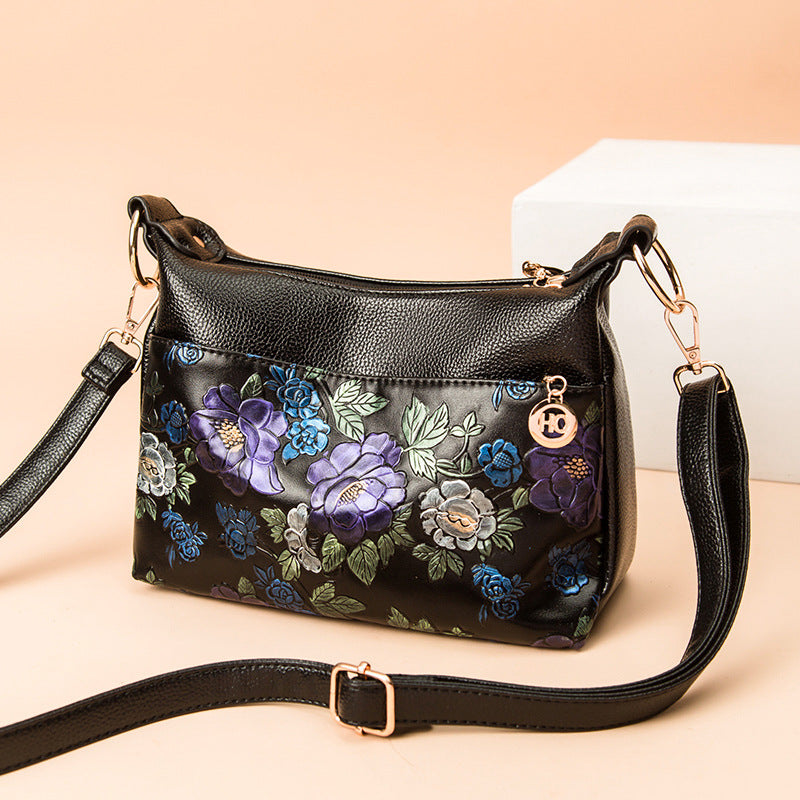 Floral Emblossing Crossbody Bag For Women Classic Leather Purse