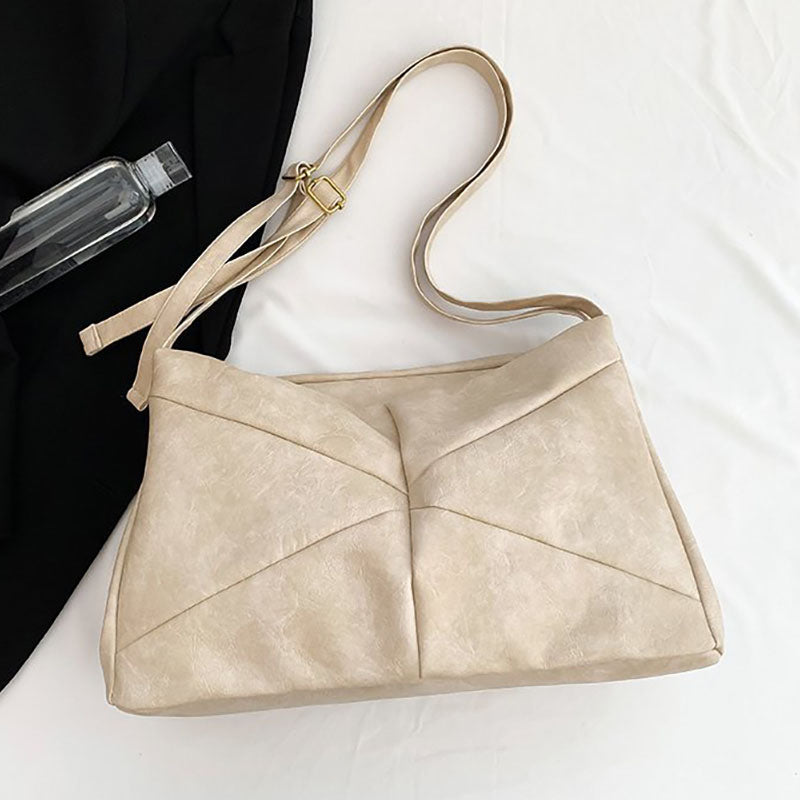Large Leather Shoulder Bag Retro Plain Color Horizontal Travel Purse
