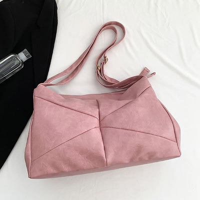 Large Leather Shoulder Bag Retro Plain Color Horizontal Travel Purse