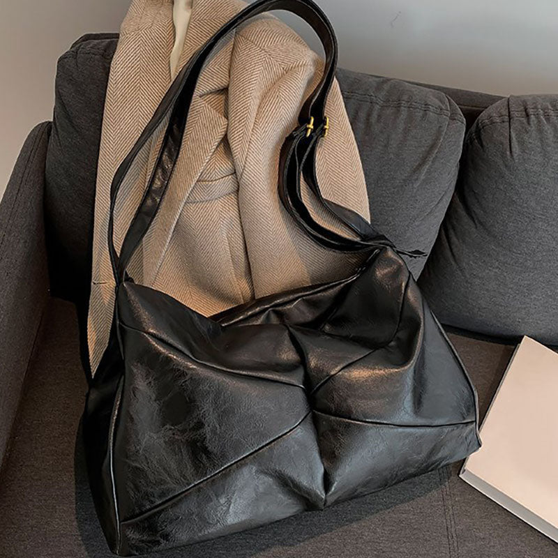 Large Leather Shoulder Bag Retro Plain Color Horizontal Travel Purse