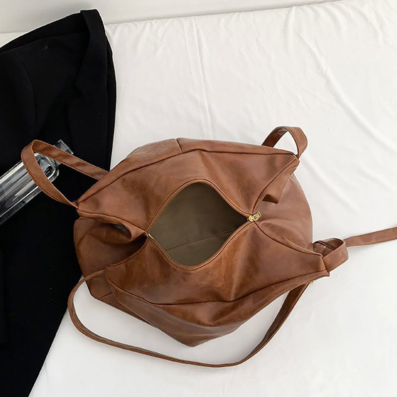 Large Leather Shoulder Bag Retro Plain Color Horizontal Travel Purse