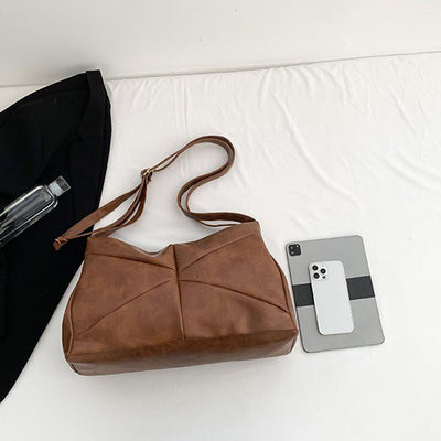 Large Leather Shoulder Bag Retro Plain Color Horizontal Travel Purse
