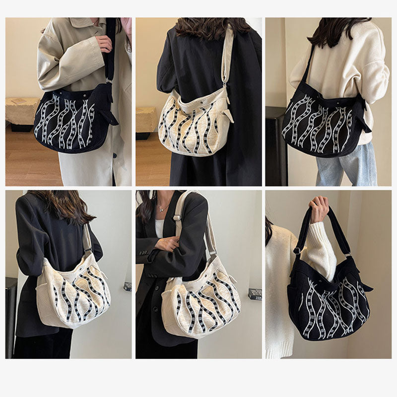 Twist Pattern Crossbody Bag Wide Strap Magnetic Buckle Commuter Bag