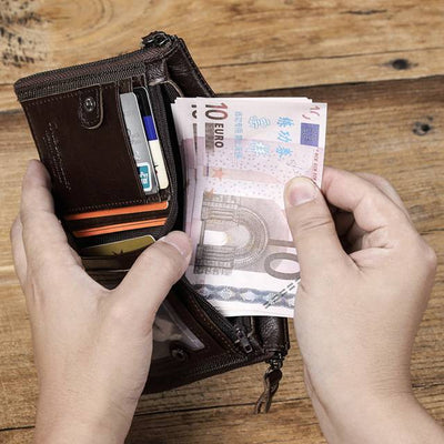 Multifunctional Genuine Leather Double Zipper Wallet