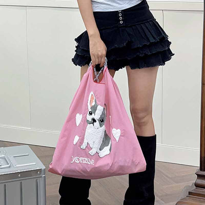 Cute Dog Embroideried Handbag Durable Drawstring Shoulder Bag For Women