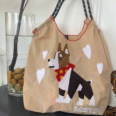 Cute Dog Embroideried Handbag Durable Drawstring Shoulder Bag For Women