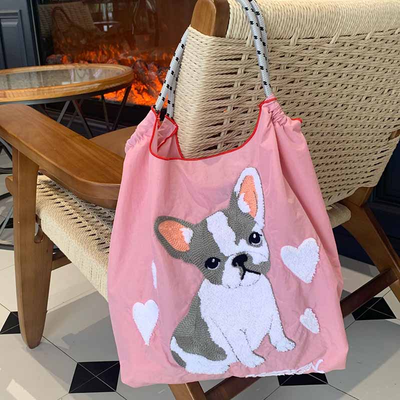 Cute Dog Embroideried Handbag Durable Drawstring Shoulder Bag For Women