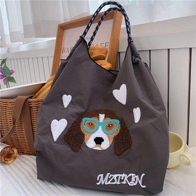 Cute Dog Embroideried Handbag Durable Drawstring Shoulder Bag For Women