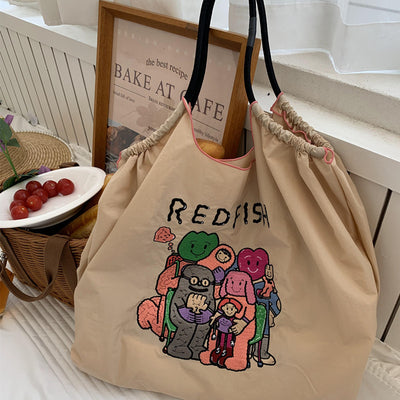 Cute Dog Embroideried Handbag Durable Drawstring Shoulder Bag For Women
