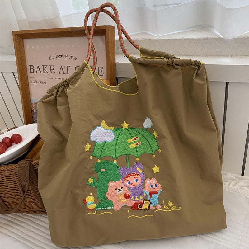 Cute Dog Embroideried Handbag Durable Drawstring Shoulder Bag For Women