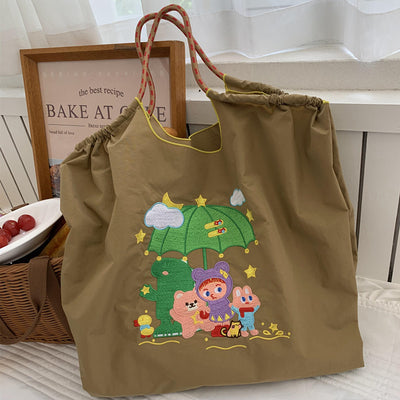 Cute Dog Embroideried Handbag Durable Drawstring Shoulder Bag For Women