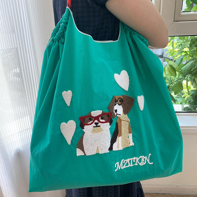 Cute Dog Embroideried Handbag Durable Drawstring Shoulder Bag For Women