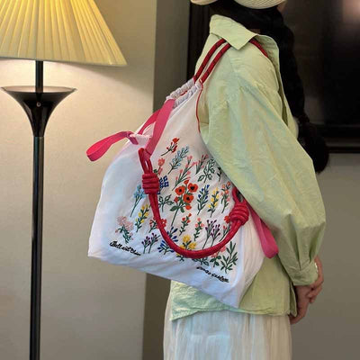 Floral Embroideried Handbag Durable Drawstring Nylon Shoulder Bag For Women