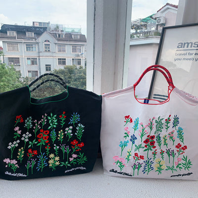 Floral Embroideried Handbag Durable Drawstring Nylon Shoulder Bag For Women