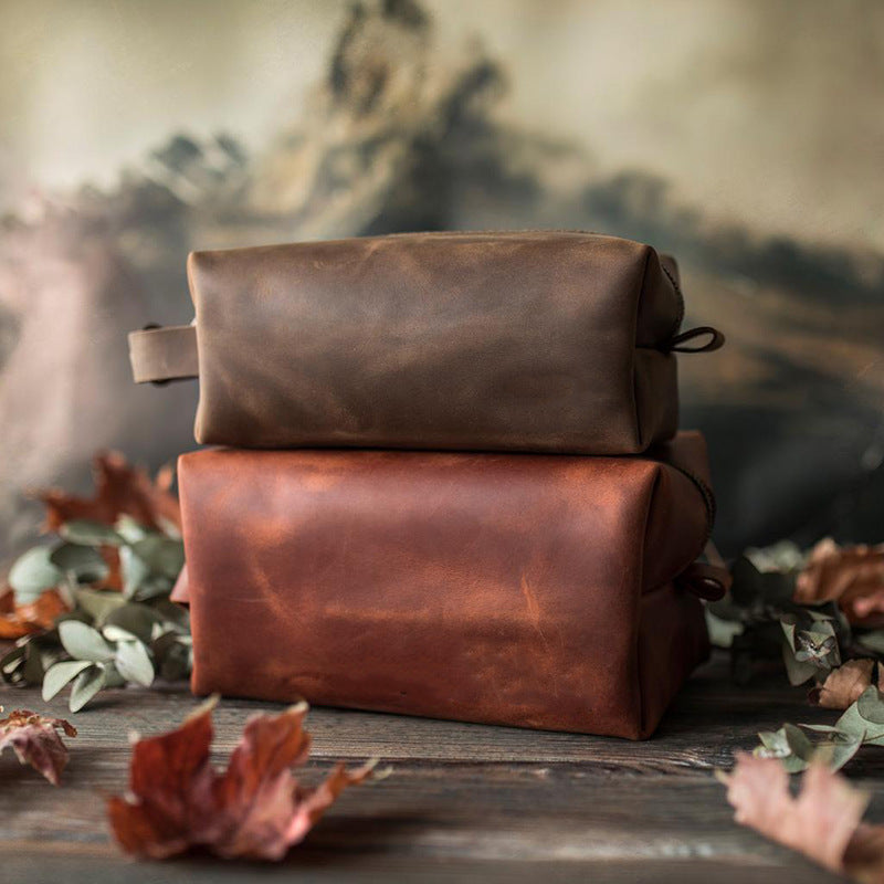 Vintage Vegan Leather Toiletry Bag Womens Portable Travel Makeup Bag