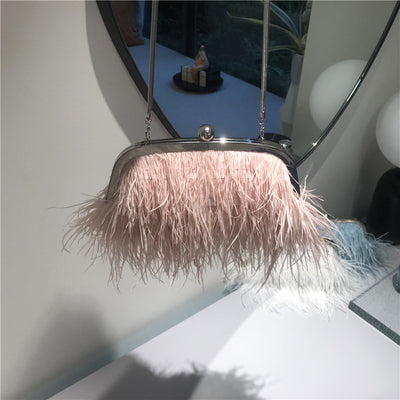 Pearl Chain Crossbody Bag For Women Ostrich Fur Handbag