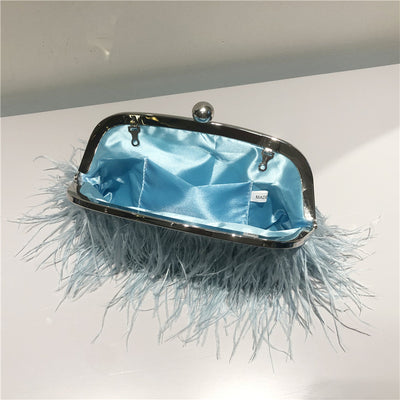 Pearl Chain Crossbody Bag For Women Ostrich Fur Handbag