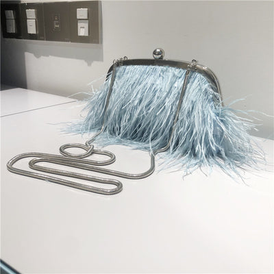 Pearl Chain Crossbody Bag For Women Ostrich Fur Handbag