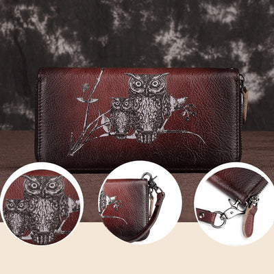 Cute Owl Wallet Retro Long Genuine Leather Clutch Purse