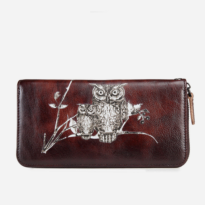 Cute Owl Wallet Retro Long Genuine Leather Clutch Purse