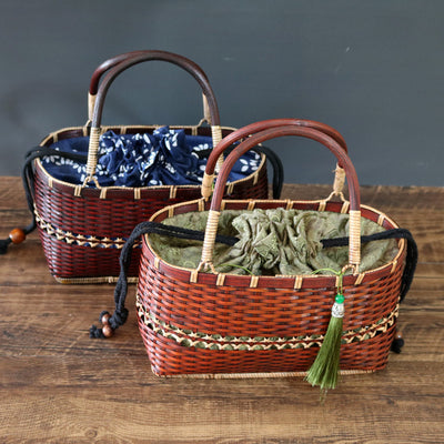 Retro Basket Bag Bamboo Strips Woven Purse Straw Handbag