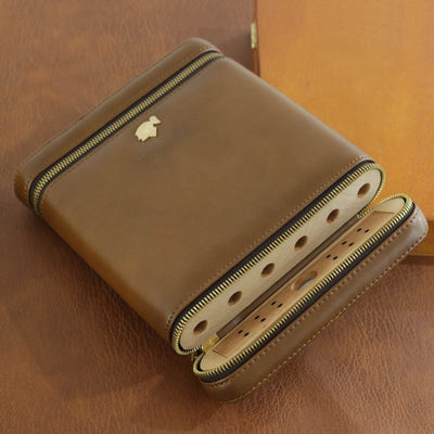 6-Finger Cigar Humidor Leather Cedar Wood Cigar Case