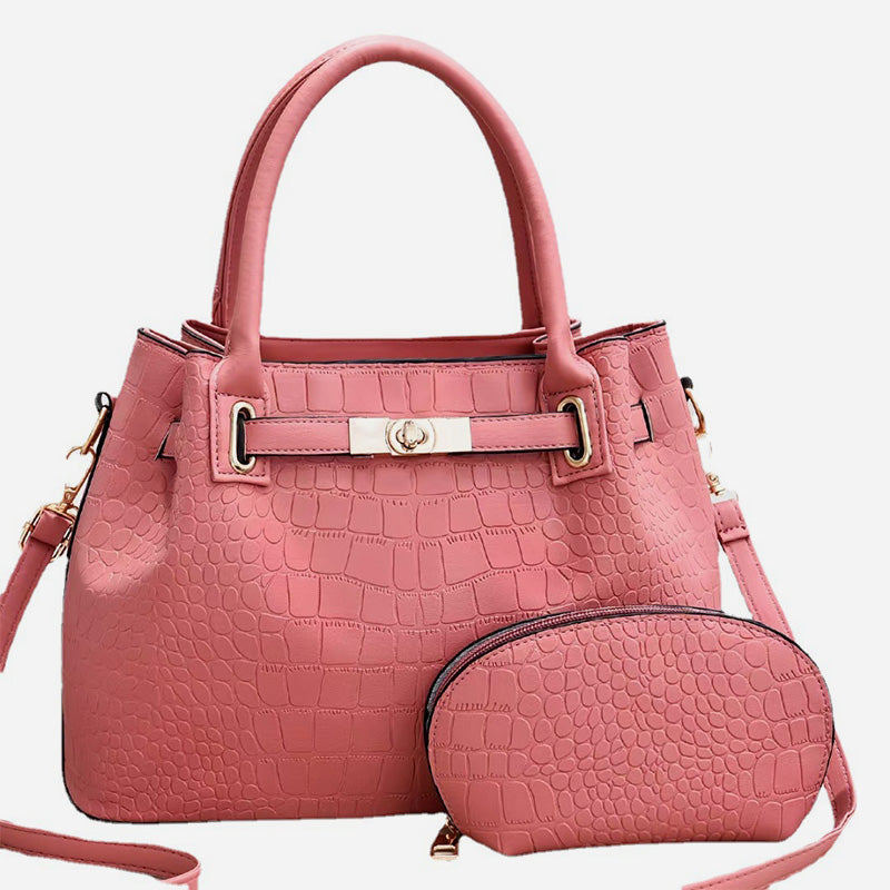 Elegant Bag Set Solid Color Crocodile Print Top Handle Purse