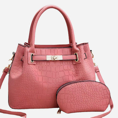 Elegant Bag Set Solid Color Crocodile Print Top Handle Purse