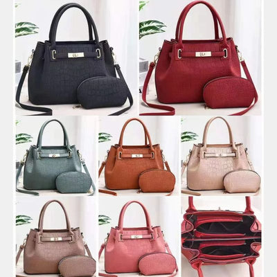 Elegant Bag Set Solid Color Crocodile Print Top Handle Purse