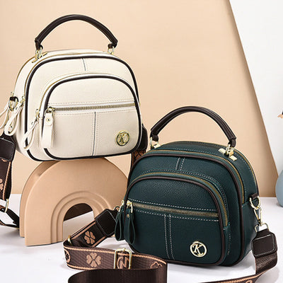 Double Compartment Round Handbag For Women Dating Leather Crossbody Purse