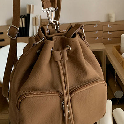 Drawstring Bucket Bag For Women Minimalist Leather Convertible Backpack