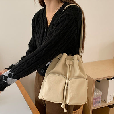 Drawstring Bucket Bag For Women Minimalist Leather Convertible Backpack