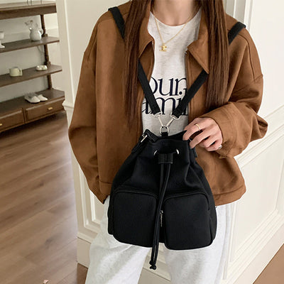 Drawstring Bucket Bag For Women Minimalist Leather Convertible Backpack