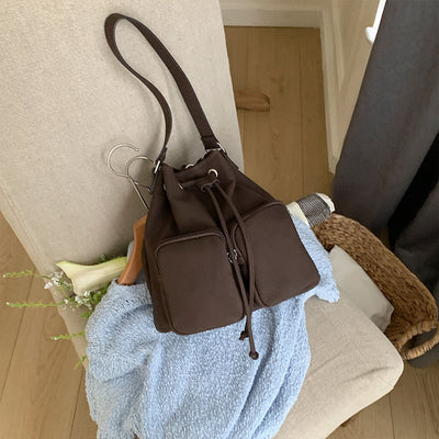 Drawstring Bucket Bag For Women Minimalist Leather Convertible Backpack