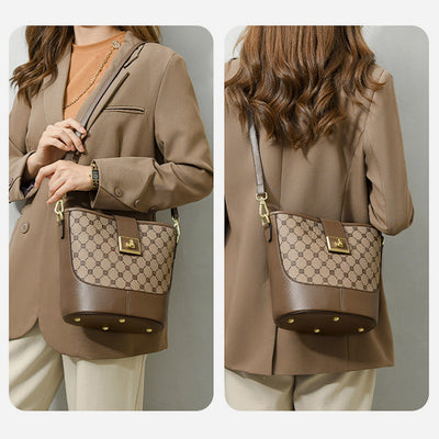 Splicing Pattern Bucket Bag For Women Soft Leather Crossbody Bag