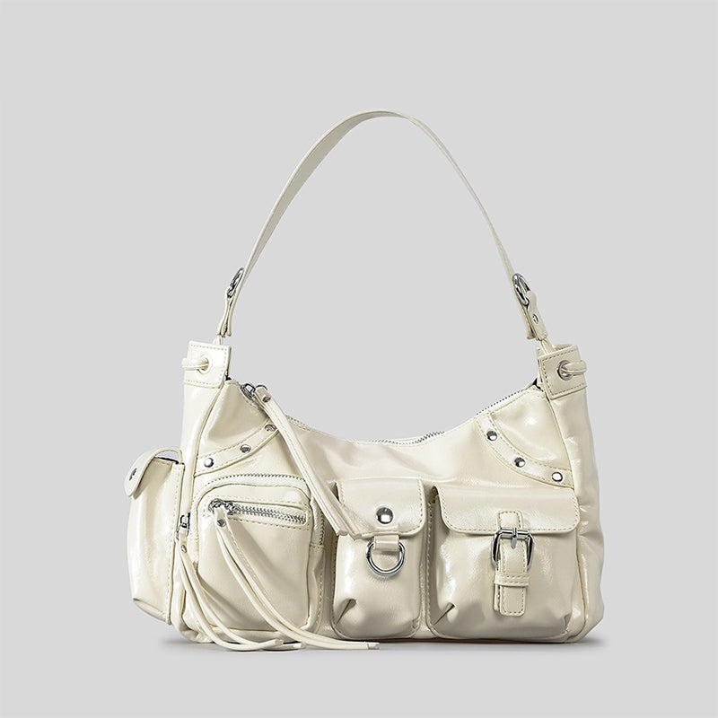 Glossy Leather Underarm Bag For Women Rivet Tassel Crossbody Bag
