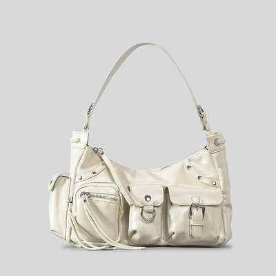 Glossy Leather Underarm Bag For Women Rivet Tassel Crossbody Bag