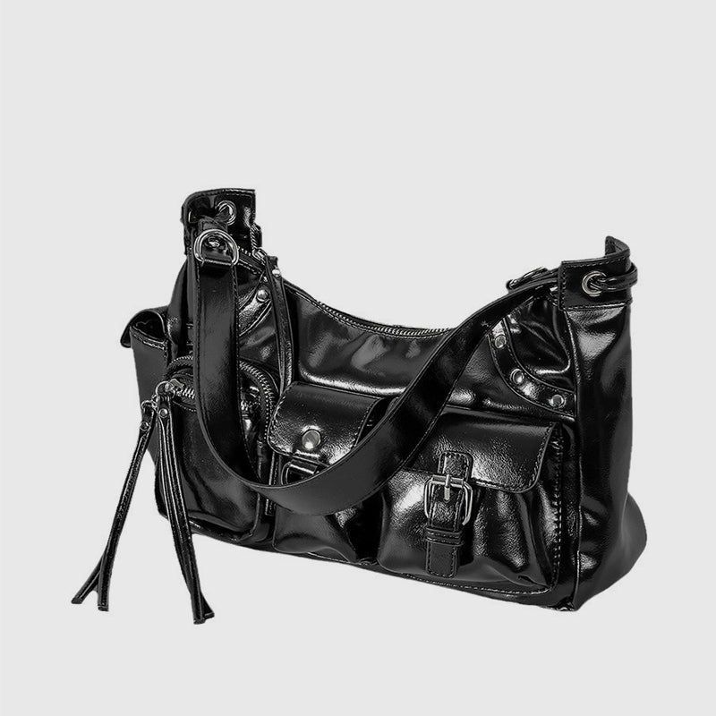 Glossy Leather Underarm Bag For Women Rivet Tassel Crossbody Bag