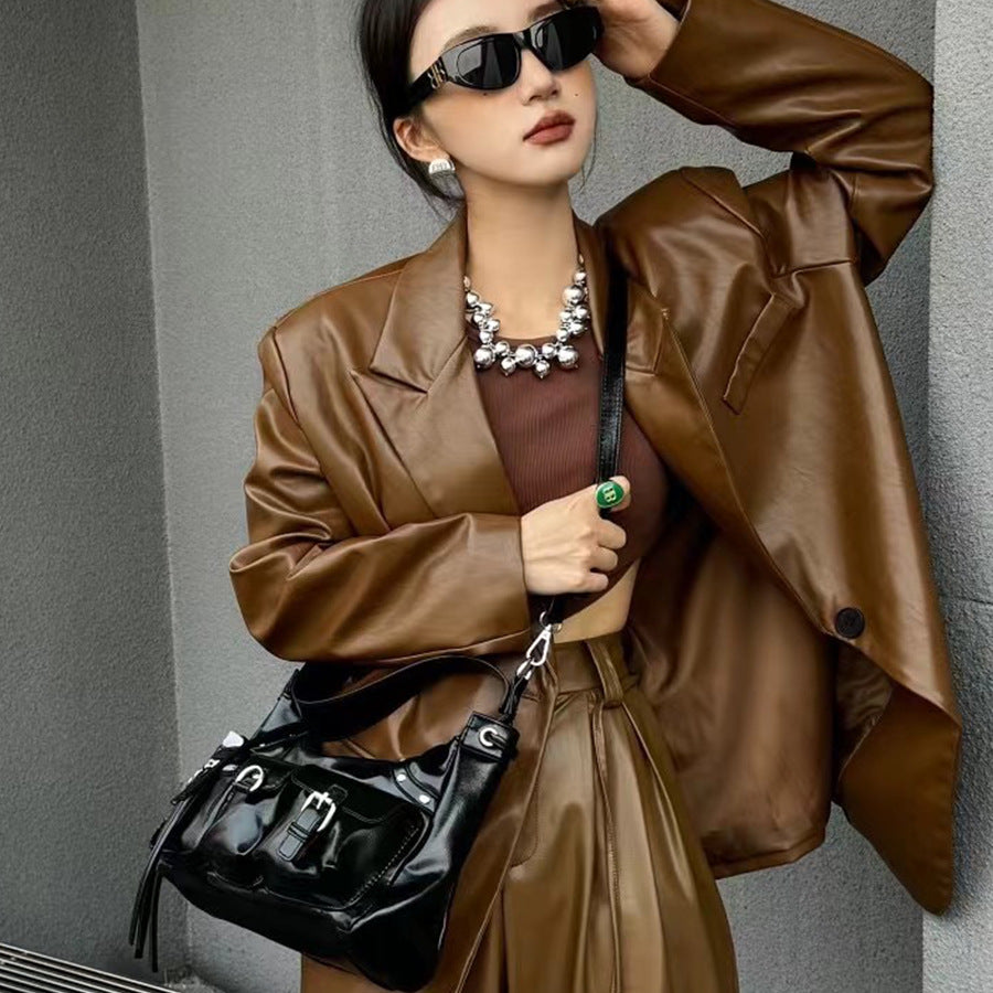 Glossy Leather Underarm Bag For Women Rivet Tassel Crossbody Bag