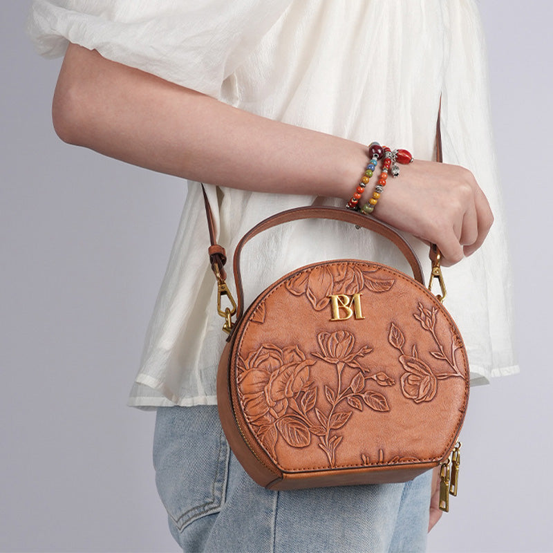 Snakeskin Grain Round Bag Lady Flowers Clamshell Handbag Crossbody Bag