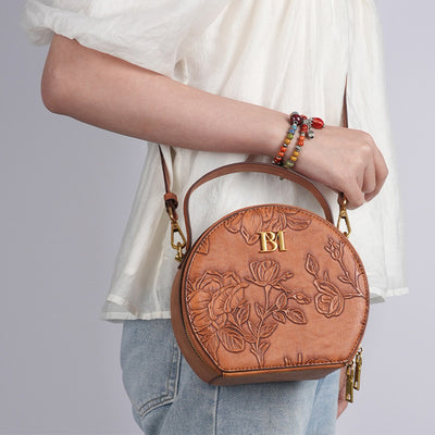 Snakeskin Grain Round Bag Lady Flowers Clamshell Handbag Crossbody Bag