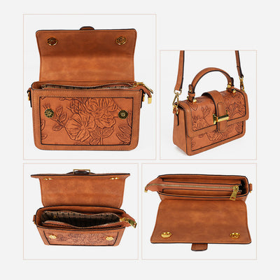 Flower Pattern Square Bag For Commuter Clamshell Leather Handbag