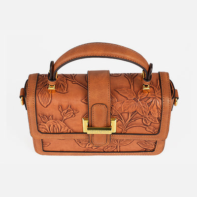 Flower Pattern Square Bag For Commuter Clamshell Leather Handbag