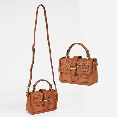 Flower Pattern Square Bag For Commuter Clamshell Leather Handbag