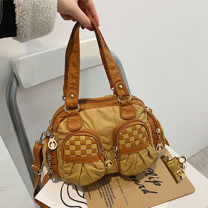 Contrast Color Checkered Handbag For Women Soft Leather Crossbody Bag