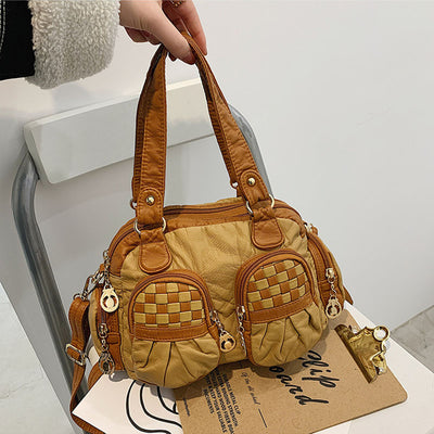 Contrast Color Checkered Handbag For Women Soft Leather Crossbody Bag