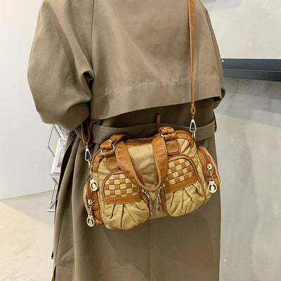 Contrast Color Checkered Handbag For Women Soft Leather Crossbody Bag