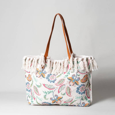 Tote Bag for Women Tassel Bohemian Printing Canvas Shoulder Bag