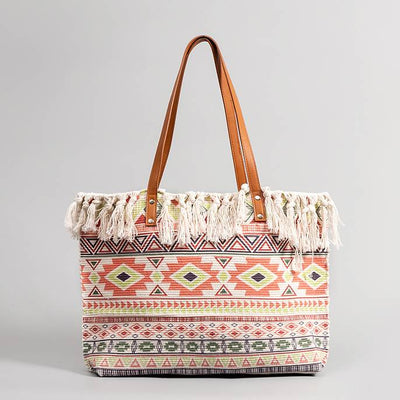 Tote Bag for Women Tassel Bohemian Printing Canvas Shoulder Bag